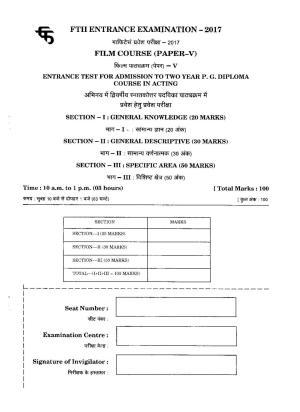 FTII JET Two Year Post Graduate Diploma in Acting 2017 Question Paper