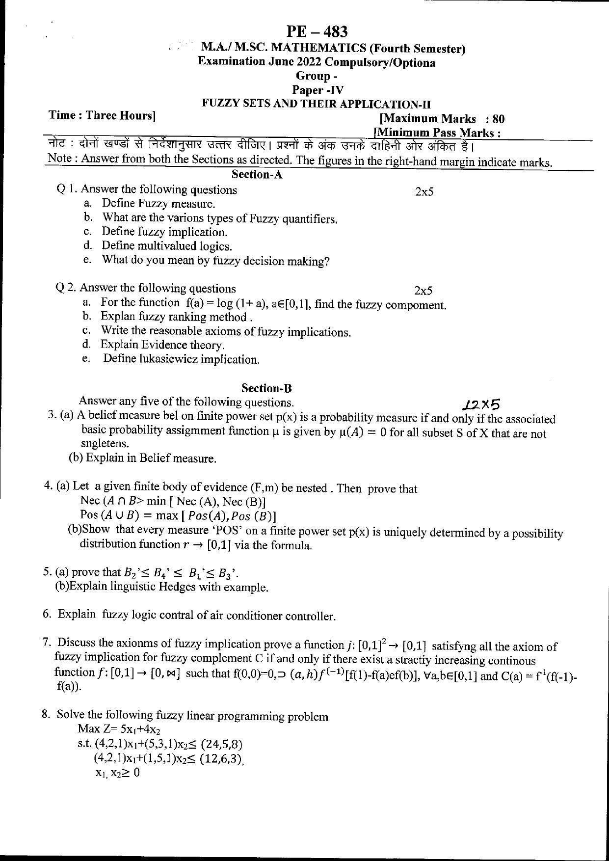 Bilaspur University Question Paper June 2022:M.A./M.Sc. Mathematics(Fourth Semester) Fuzzy Sets And Their Applications-II Paper 1 - Page 1