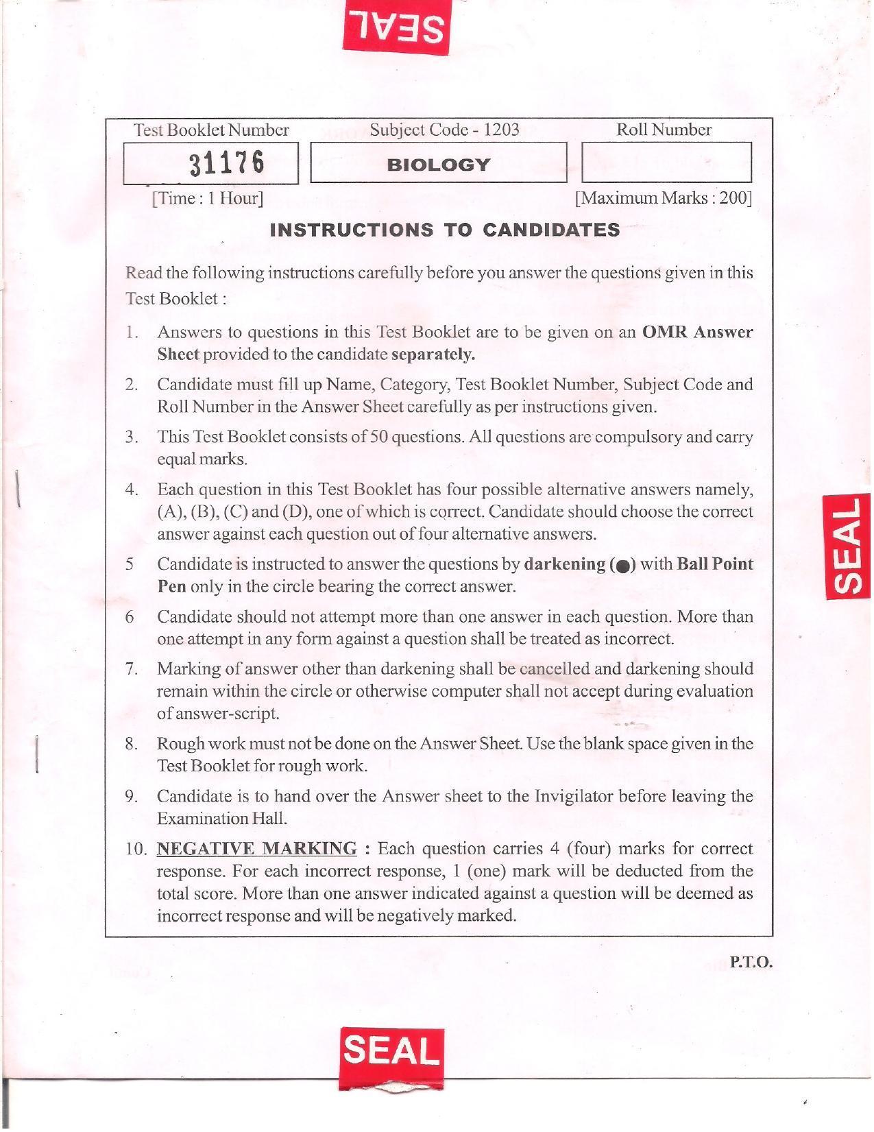 APJEE Biology 2012 Question Paper - Page 1