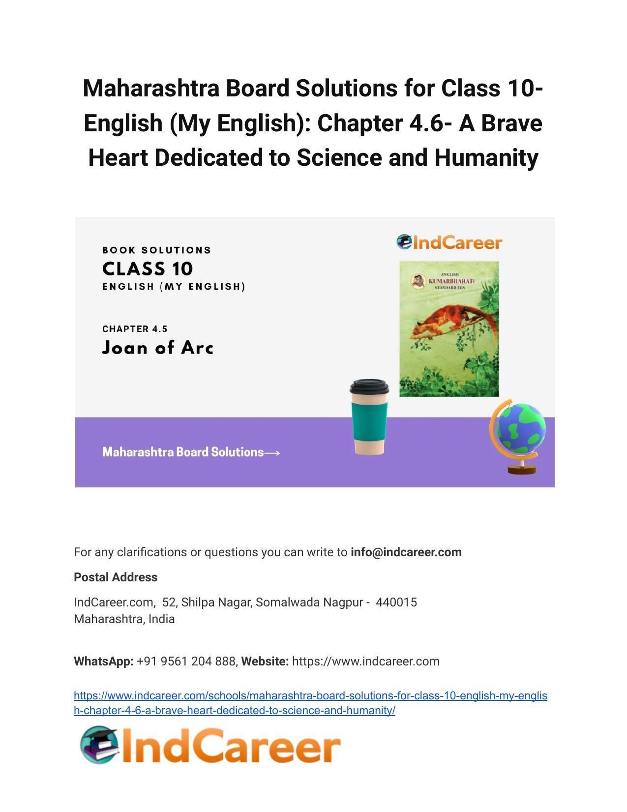 Maharashtra Board Solutions for Class 10- English (My English): Chapter 4.6- A Brave Heart Dedicated to Science and Humanity - Page 1