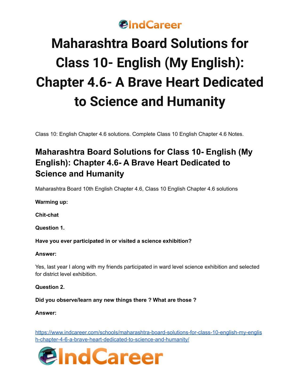 Maharashtra Board Solutions for Class 10- English (My English): Chapter 4.6- A Brave Heart Dedicated to Science and Humanity - Page 2