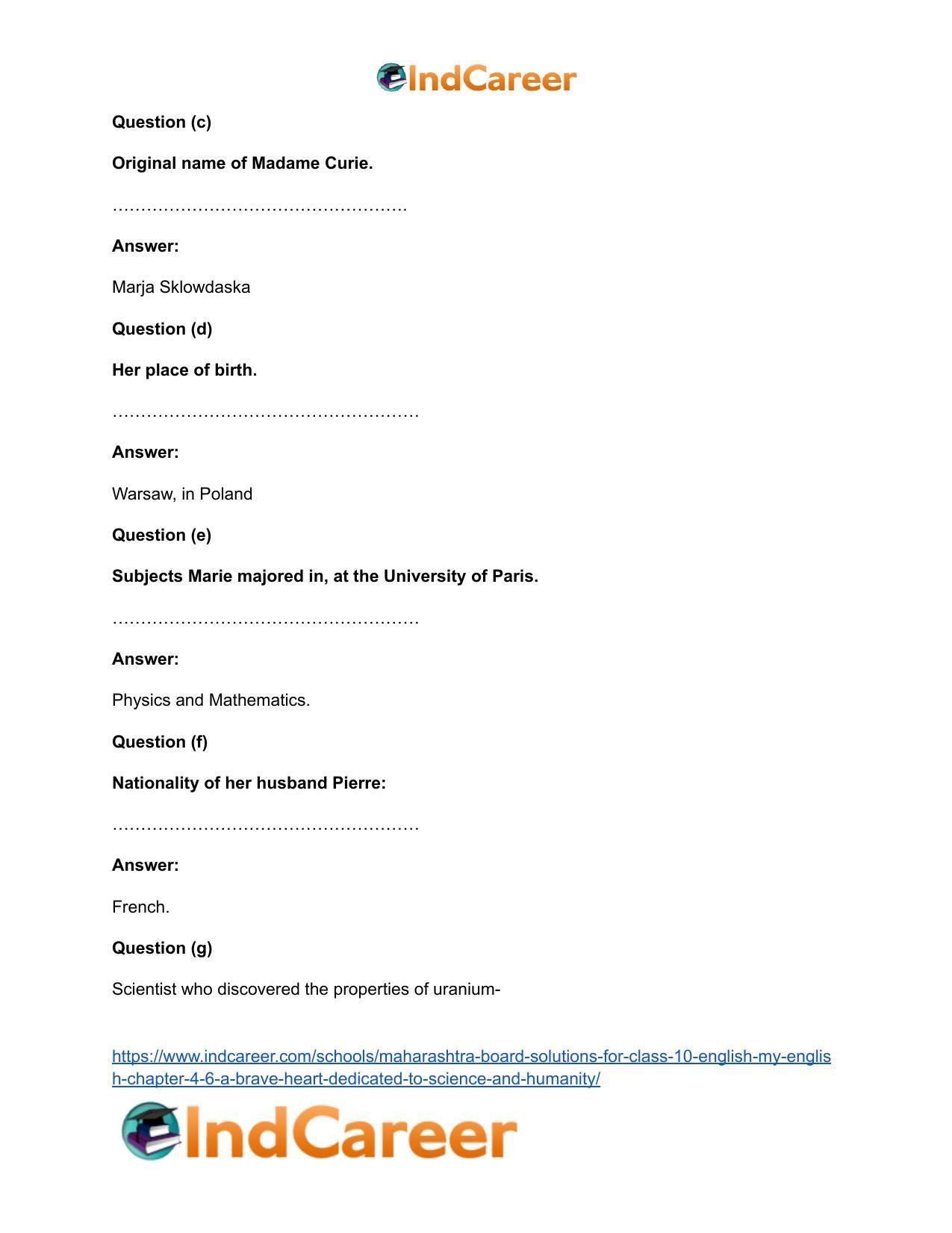 Maharashtra Board Solutions for Class 10- English (My English): Chapter 4.6- A Brave Heart Dedicated to Science and Humanity - Page 8