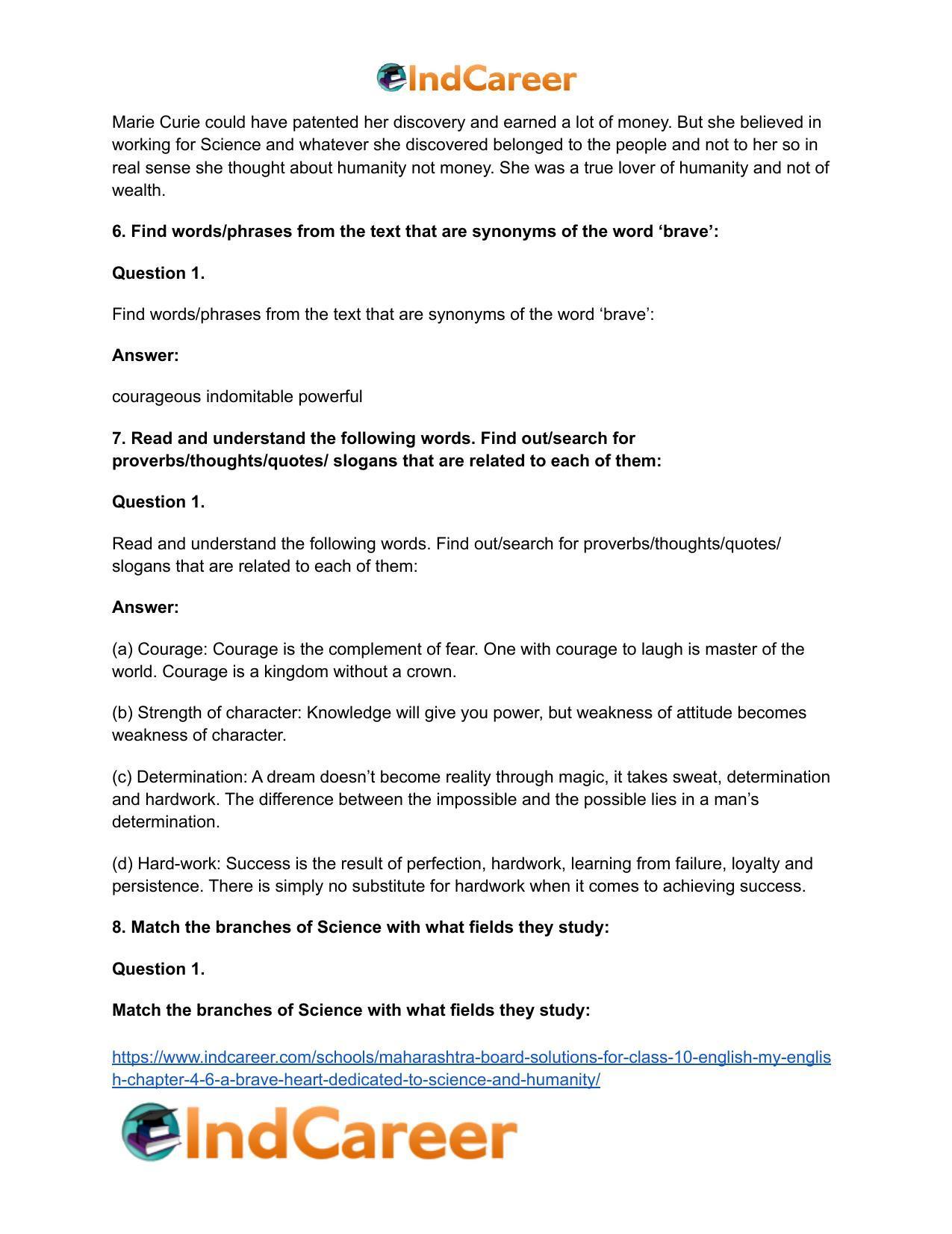 Maharashtra Board Solutions for Class 10- English (My English): Chapter 4.6- A Brave Heart Dedicated to Science and Humanity - Page 11