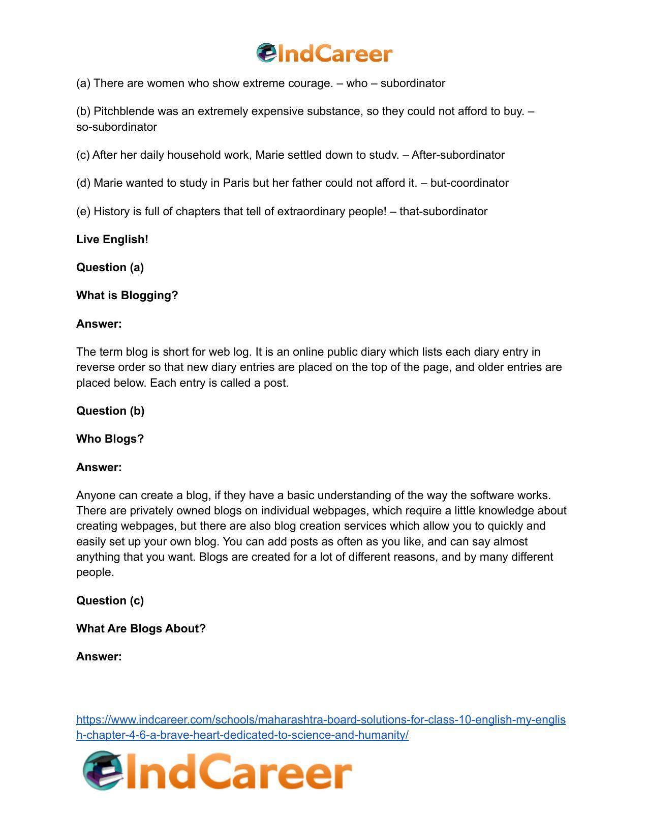 Maharashtra Board Solutions for Class 10- English (My English): Chapter 4.6- A Brave Heart Dedicated to Science and Humanity - Page 18