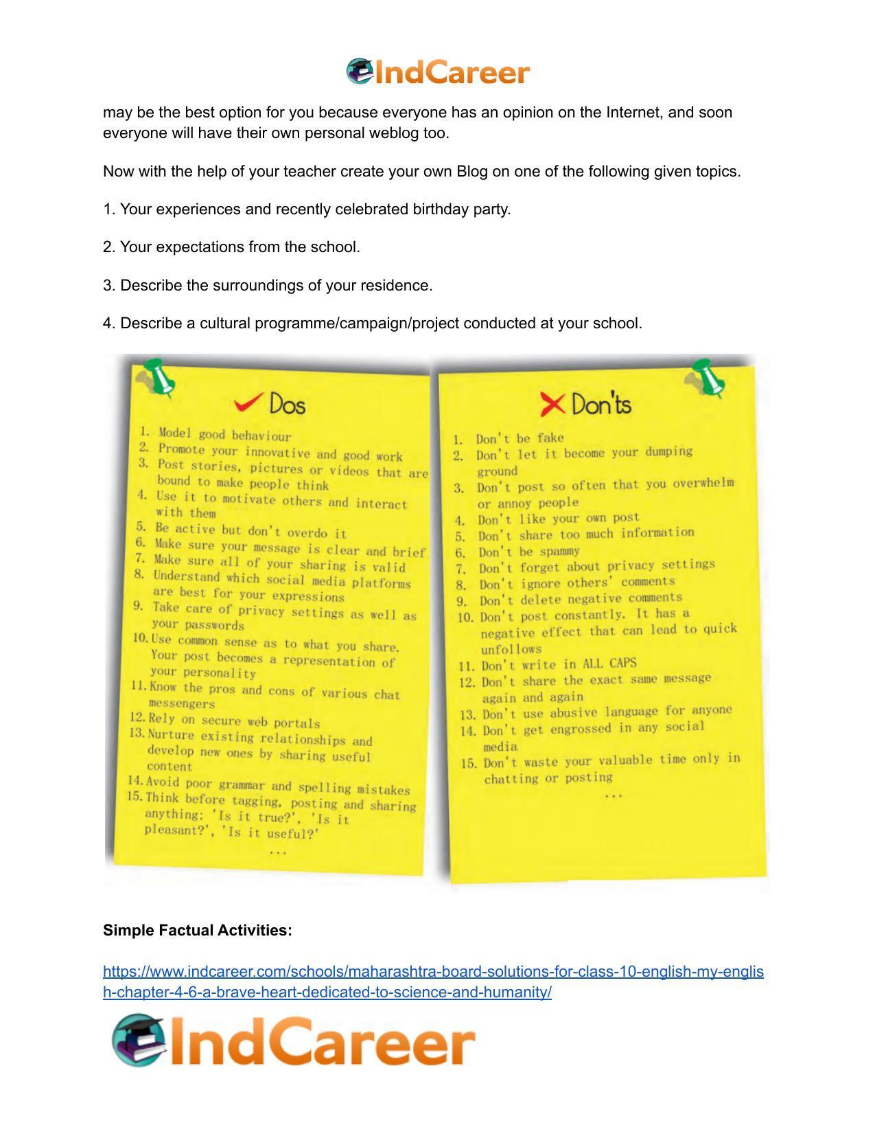 Maharashtra Board Solutions for Class 10- English (My English): Chapter 4.6- A Brave Heart Dedicated to Science and Humanity - Page 20