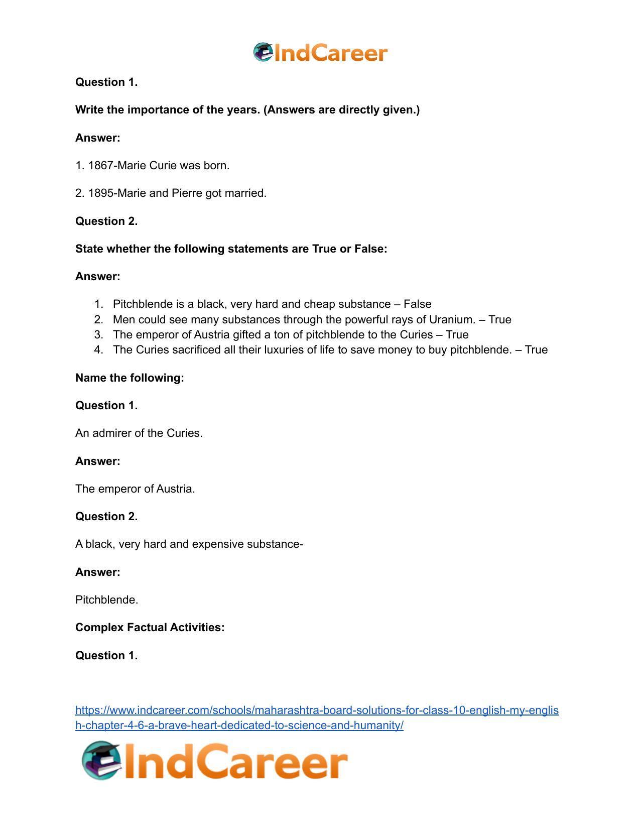 Maharashtra Board Solutions for Class 10- English (My English): Chapter 4.6- A Brave Heart Dedicated to Science and Humanity - Page 21