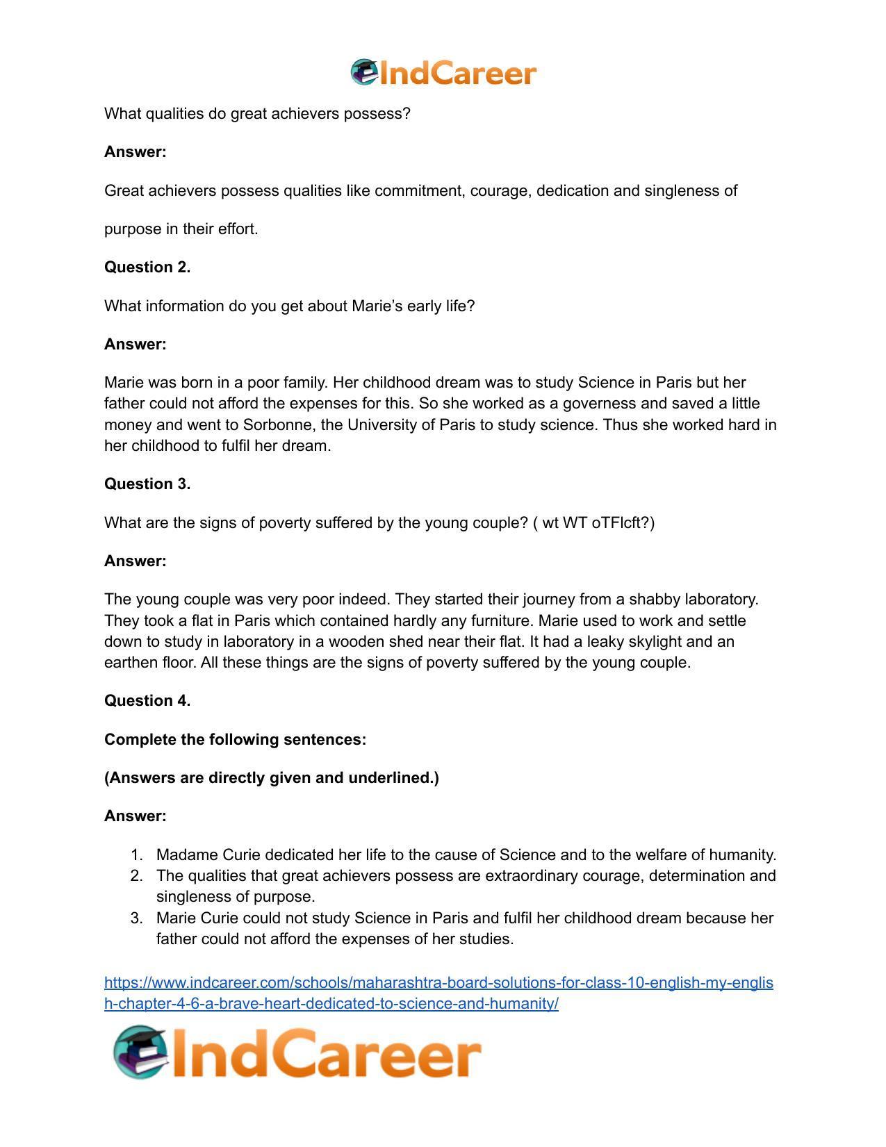 Maharashtra Board Solutions for Class 10- English (My English): Chapter 4.6- A Brave Heart Dedicated to Science and Humanity - Page 22