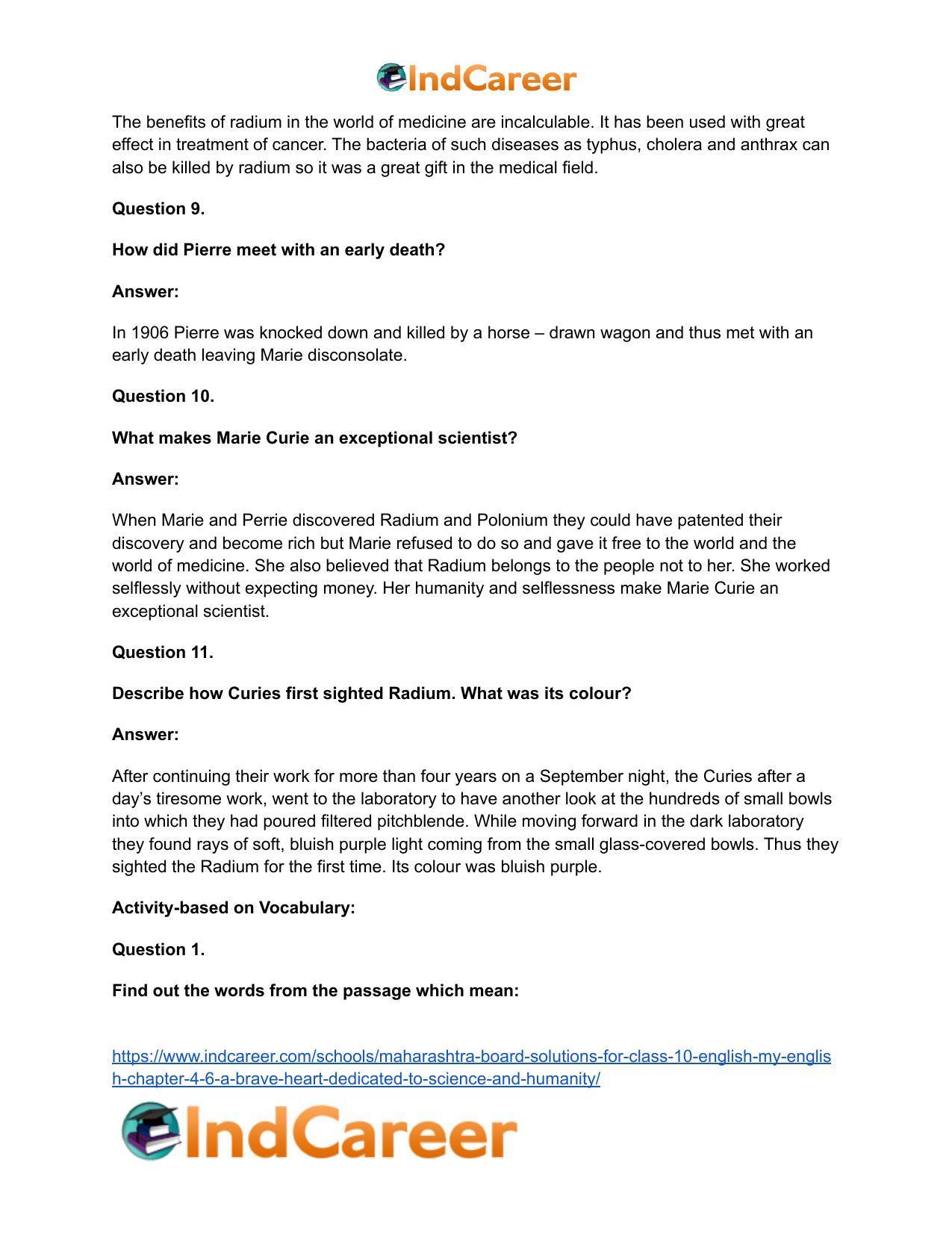 Maharashtra Board Solutions for Class 10- English (My English): Chapter 4.6- A Brave Heart Dedicated to Science and Humanity - Page 24
