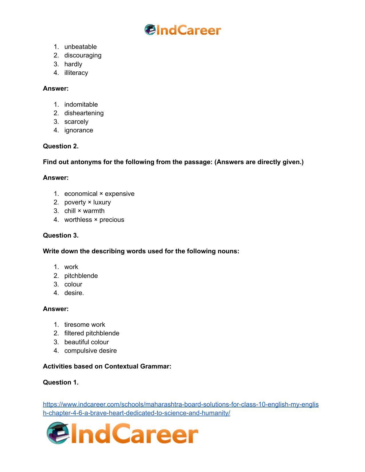 Maharashtra Board Solutions for Class 10- English (My English): Chapter 4.6- A Brave Heart Dedicated to Science and Humanity - Page 25
