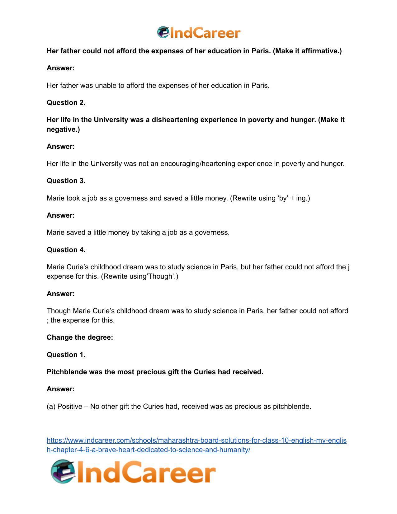 Maharashtra Board Solutions for Class 10- English (My English): Chapter 4.6- A Brave Heart Dedicated to Science and Humanity - Page 26