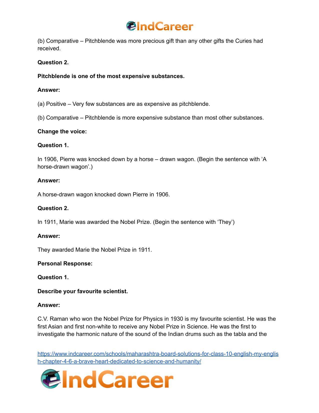 Maharashtra Board Solutions for Class 10- English (My English): Chapter 4.6- A Brave Heart Dedicated to Science and Humanity - Page 27