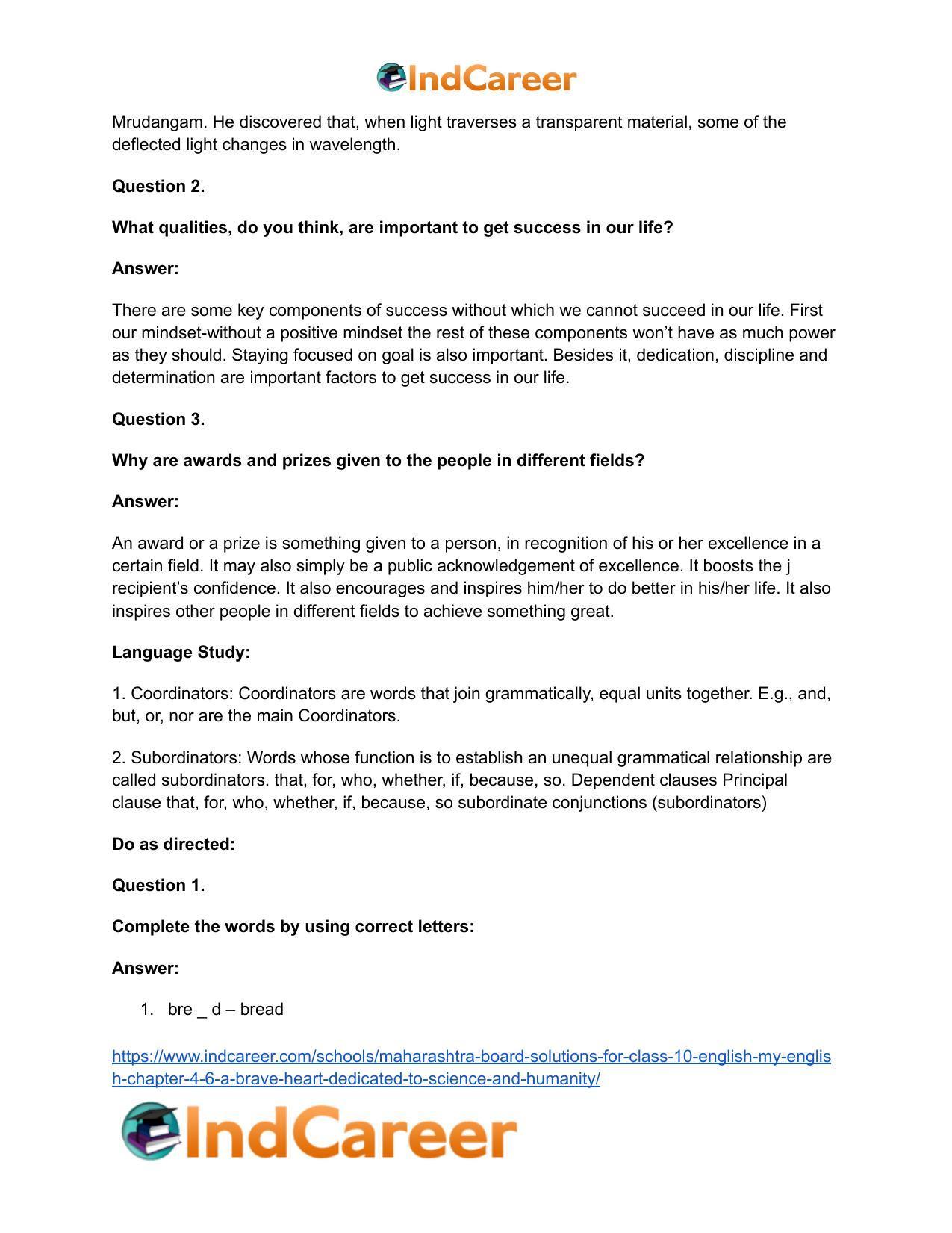 Maharashtra Board Solutions for Class 10- English (My English): Chapter 4.6- A Brave Heart Dedicated to Science and Humanity - Page 28