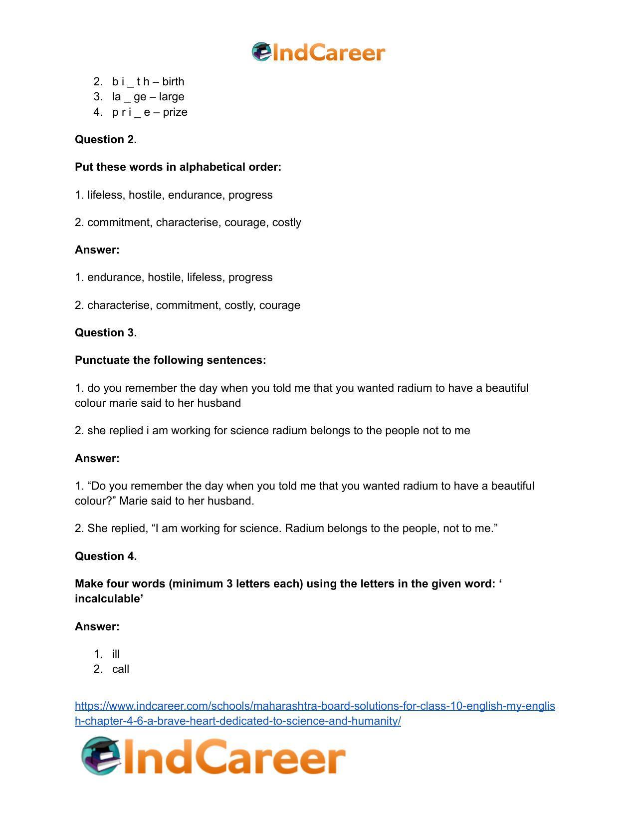 Maharashtra Board Solutions for Class 10- English (My English): Chapter 4.6- A Brave Heart Dedicated to Science and Humanity - Page 29