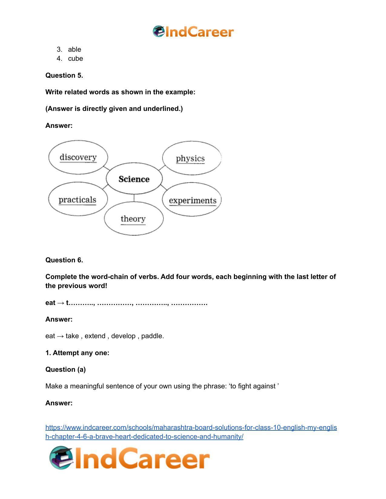 Maharashtra Board Solutions for Class 10- English (My English): Chapter 4.6- A Brave Heart Dedicated to Science and Humanity - Page 30