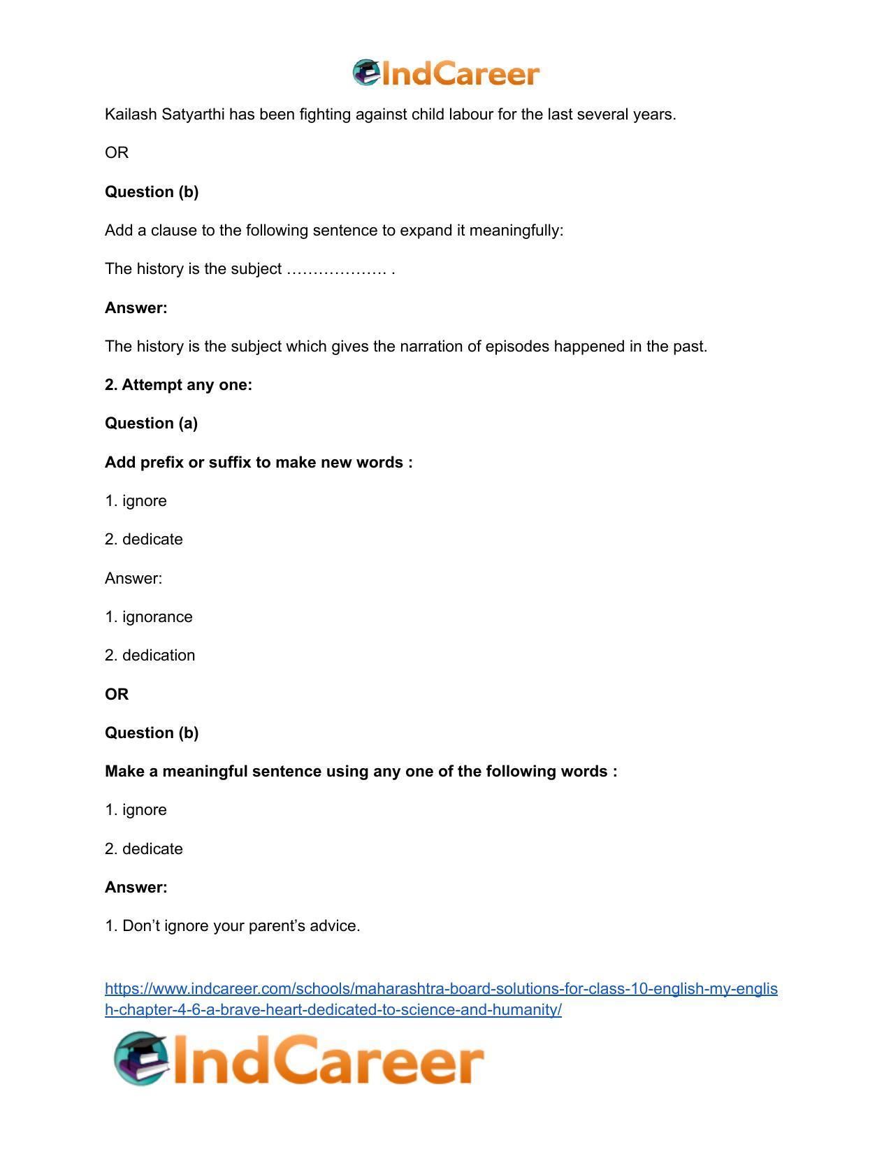 Maharashtra Board Solutions for Class 10- English (My English): Chapter 4.6- A Brave Heart Dedicated to Science and Humanity - Page 31
