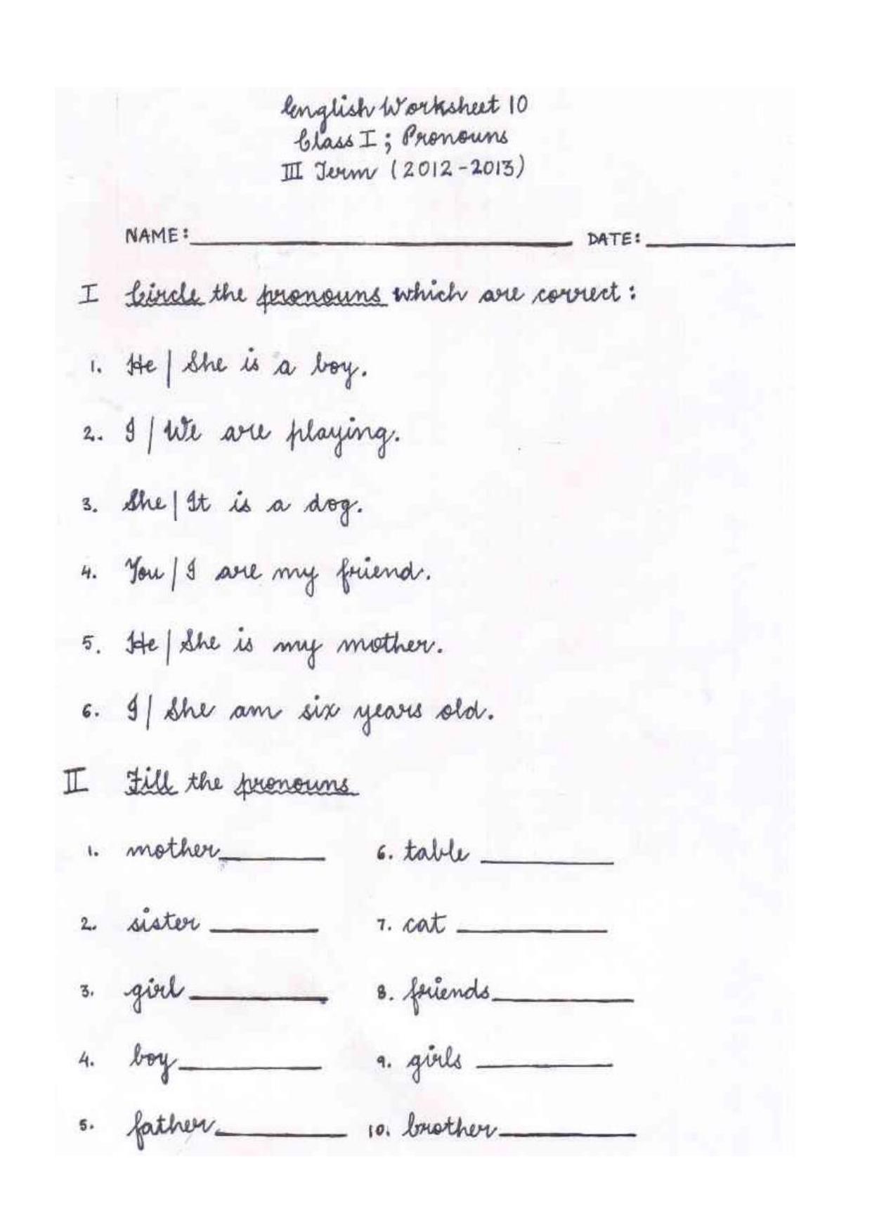 Worksheet for Class 1 English Assignment 11 - Page 1
