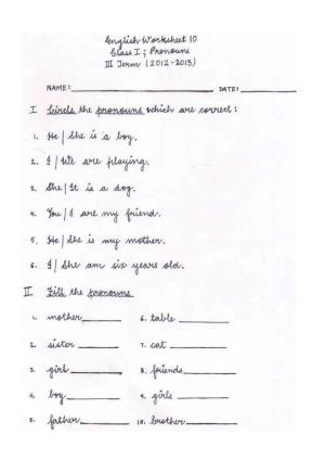 Worksheet for Class 1 English Assignment 11