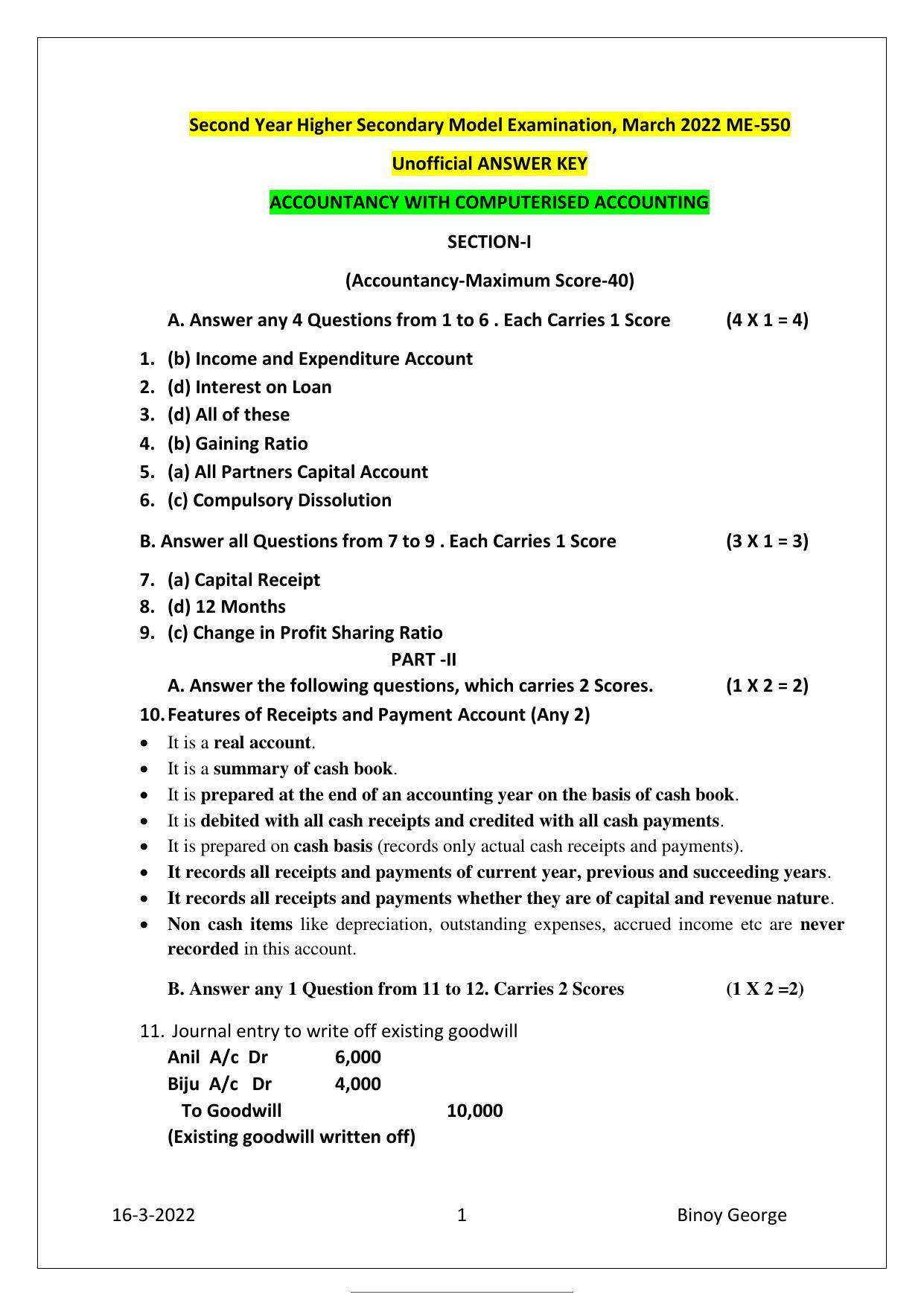 Kerala Plus Two 2022 Accountancy with CA Model Answer Key - Page 1