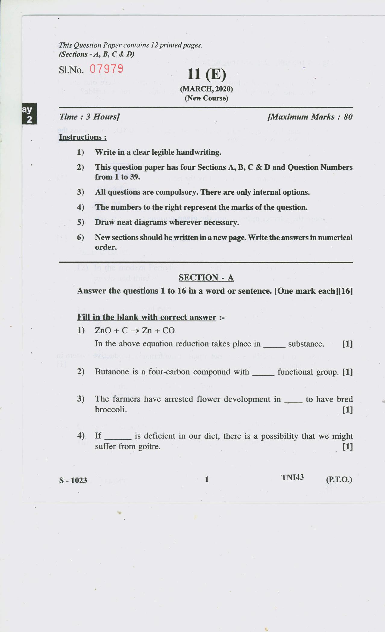 Gujarat Board Class 10th SCIENCE E 2020 Question Paper - Page 1