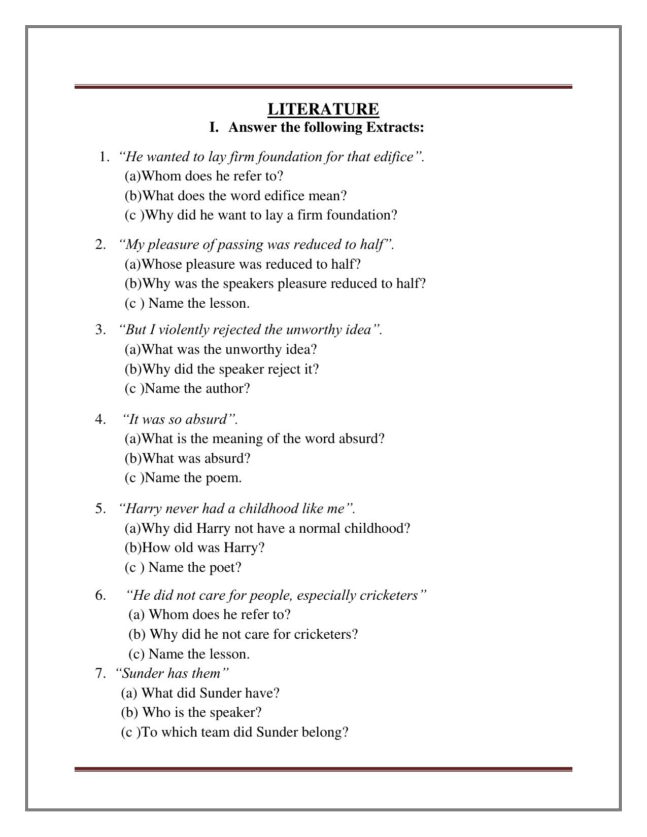 CBSE Class 8 English Worksheet on Literature Part B Assignment - Page 1