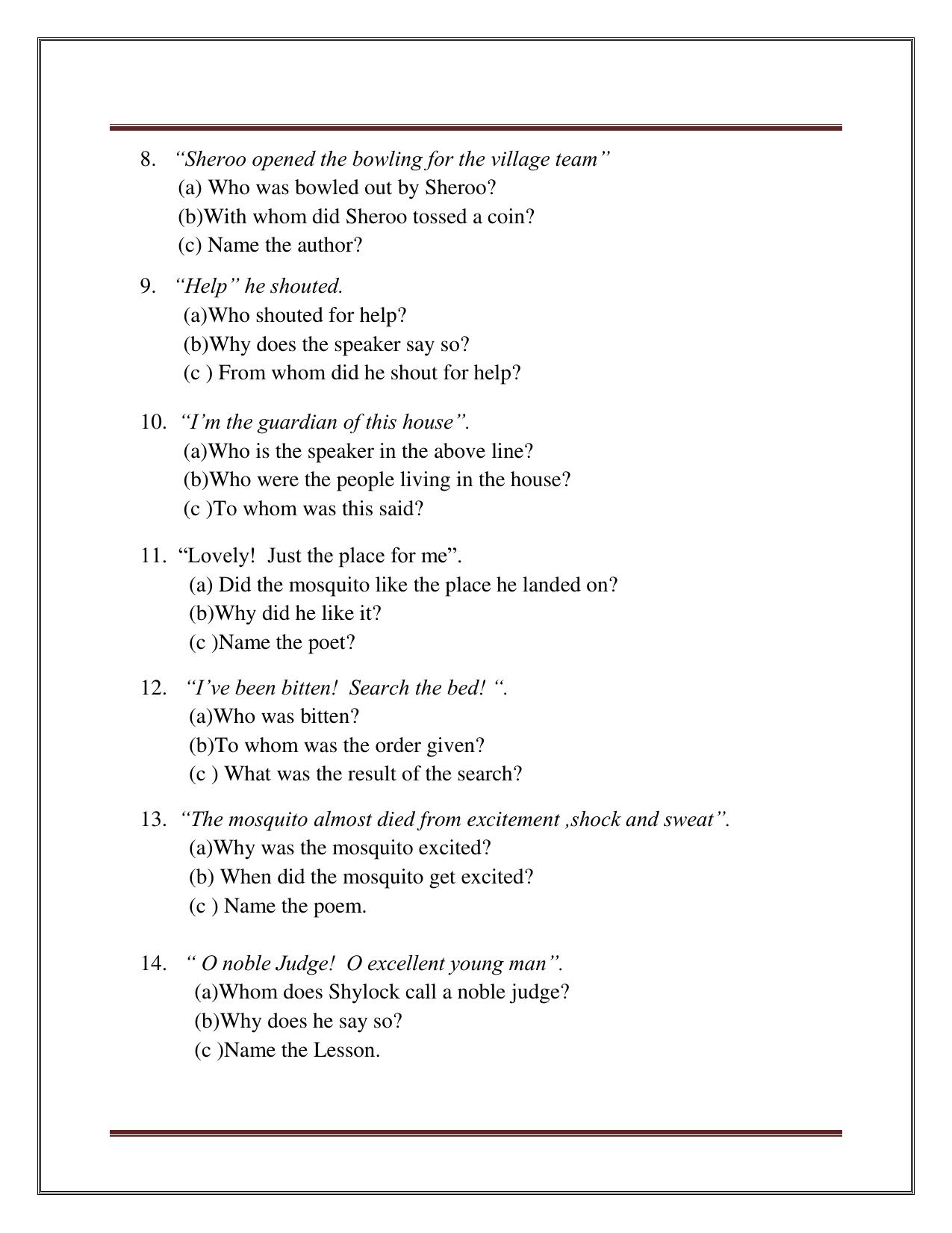 CBSE Class 8 English Worksheet on Literature Part B Assignment - Page 2
