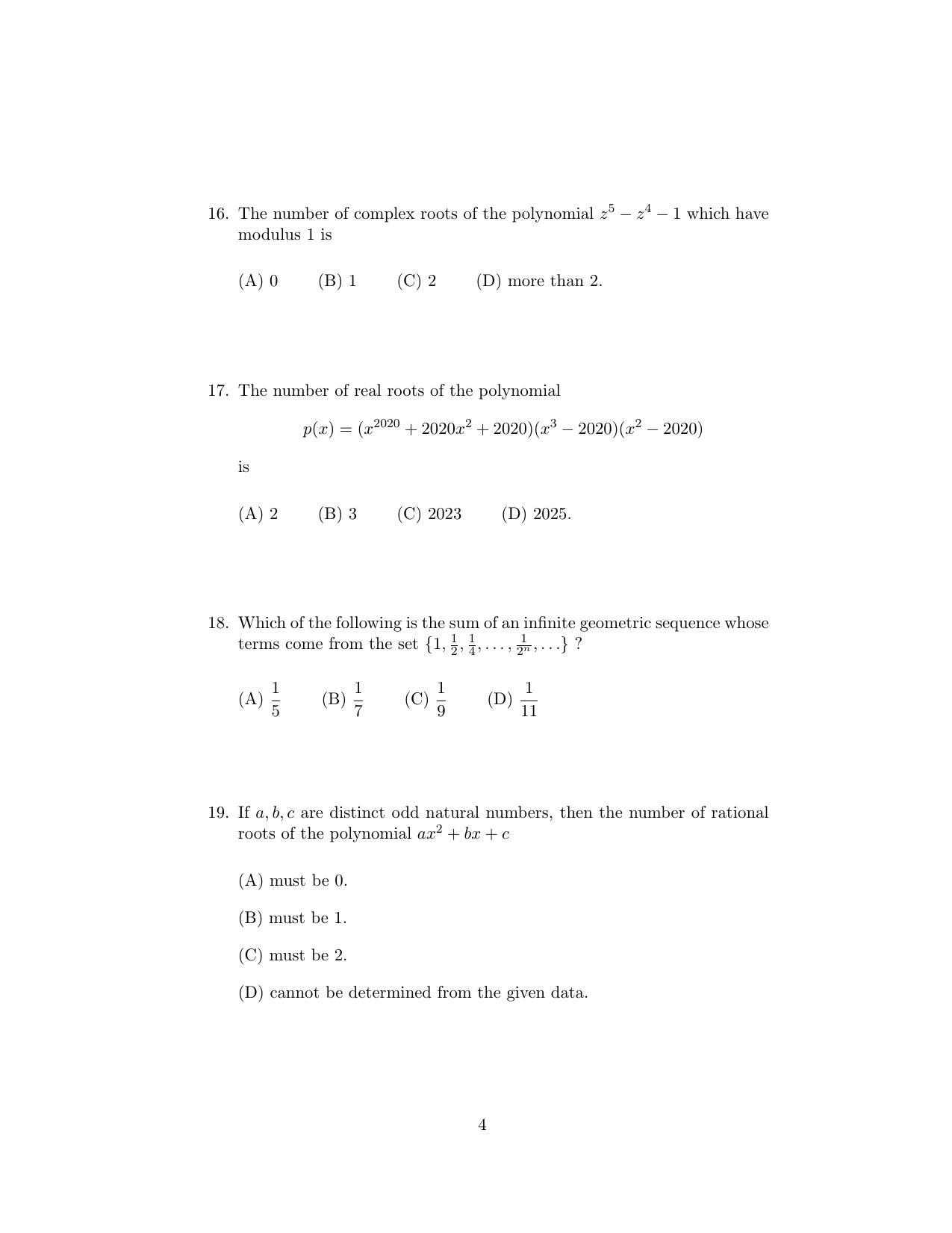 ISI Admission Test B.Math UGA 2020 Sample Paper - Page 4