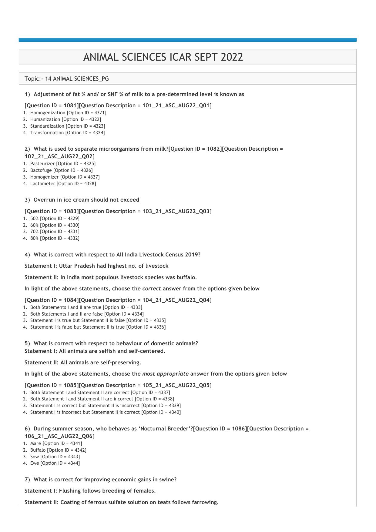 ICAR AIEEA PG 2022 ANIMAL SCIENCES Question Paper - Page 1