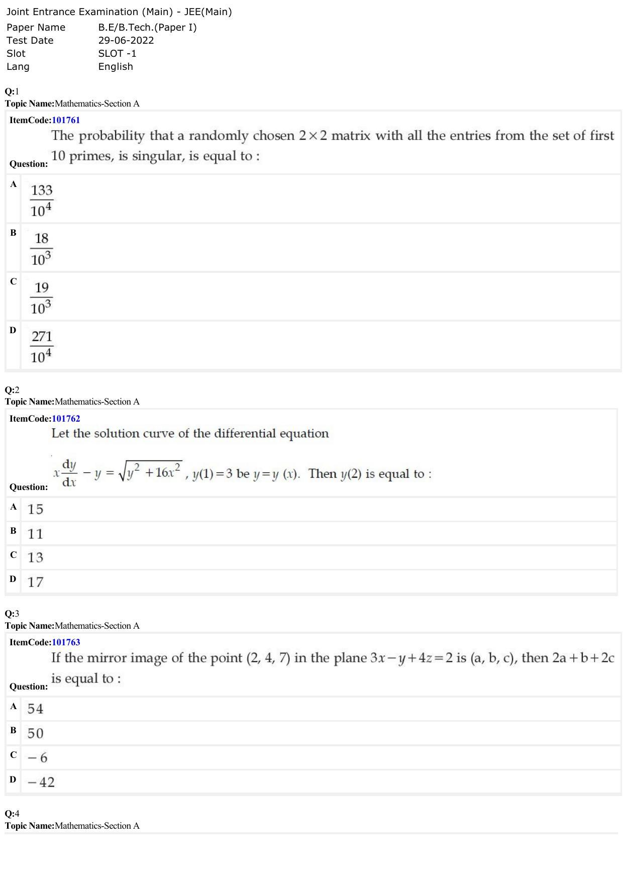 JEE Mains 2022: BTech English (Shift 1) 29-06-2022 Question Paper - Page 1