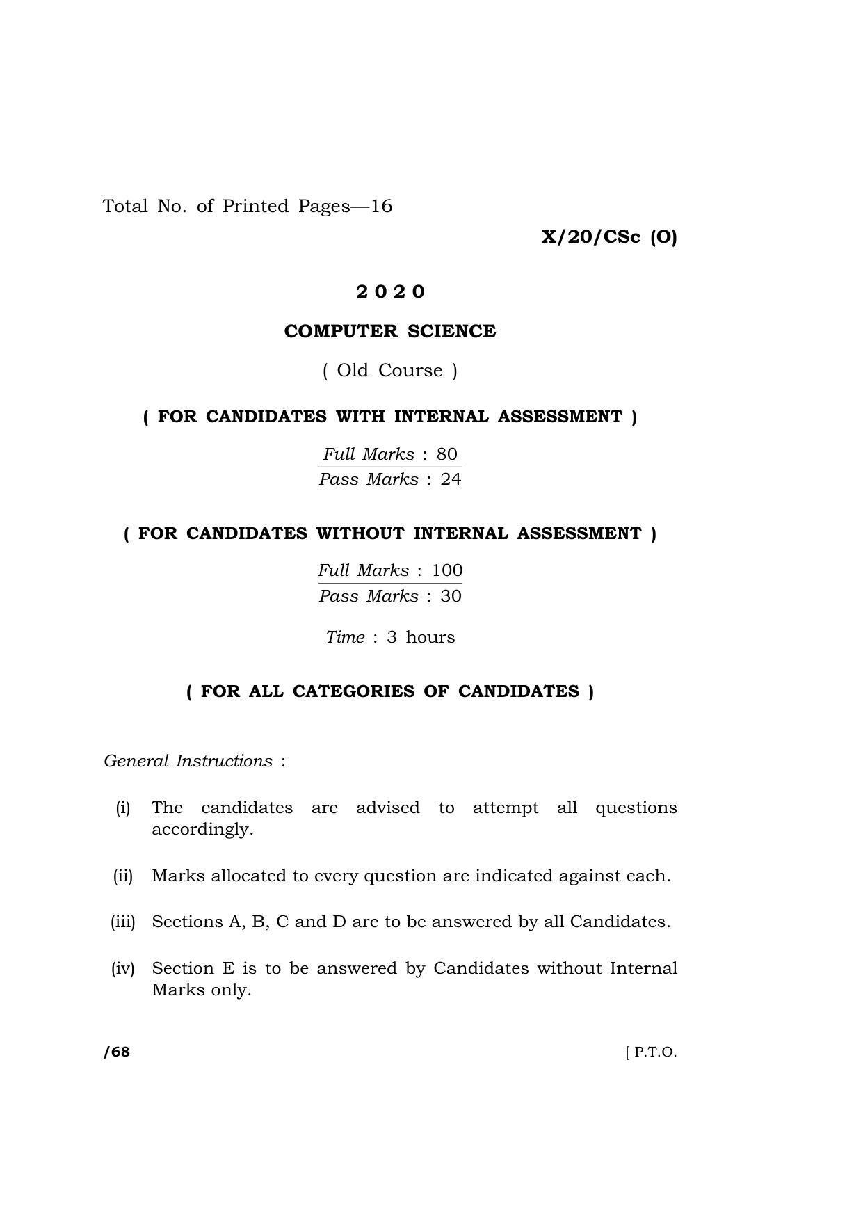 Meghalaya Board (MBOSE) Class 10 COMPUTER SCIENCE ( Old Course ) 2020 Question Paper - Page 1