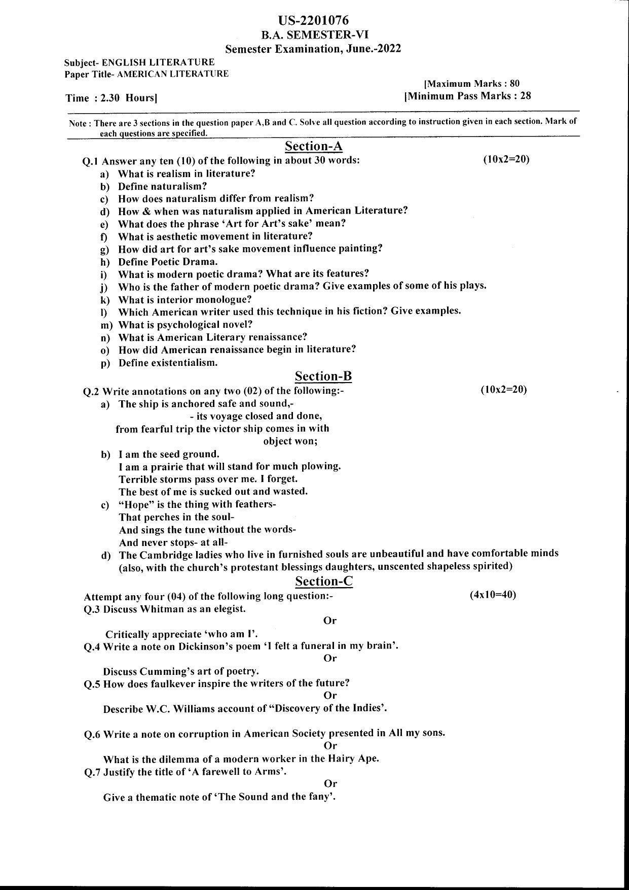 Bilaspur University Question Paper July 2022:B.A. Semester-VI English Literature KG Raigarh Paper 1 - Page 1
