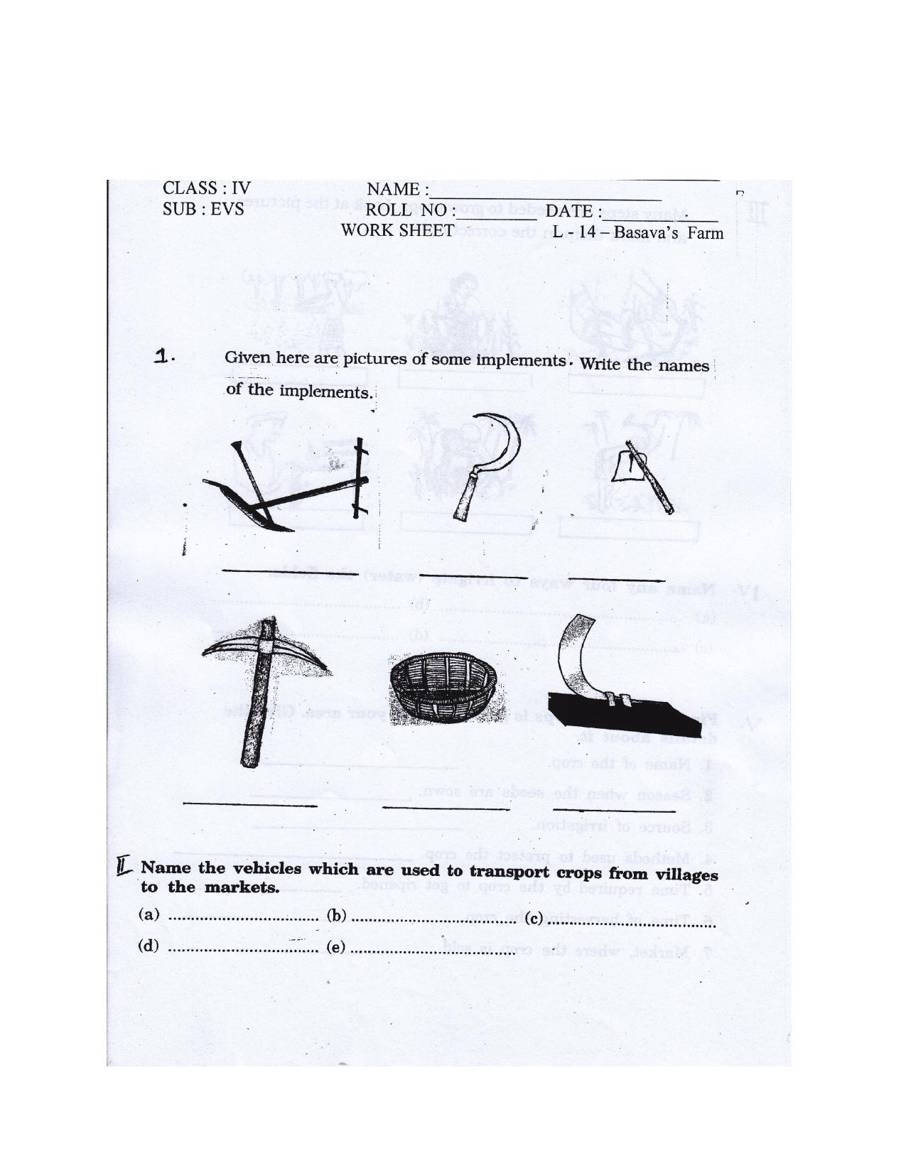 Worksheet for Class 4 Environmental Studies Basavas Farm Assignment - Page 1