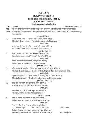  Bilaspur University Question Paper 2021-2022:B.A. Part-I (One) (Private) Sociology Paper 2