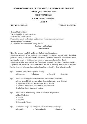 JAC Board Class 9th 2022 Term 1 English Set 2 Model Paper