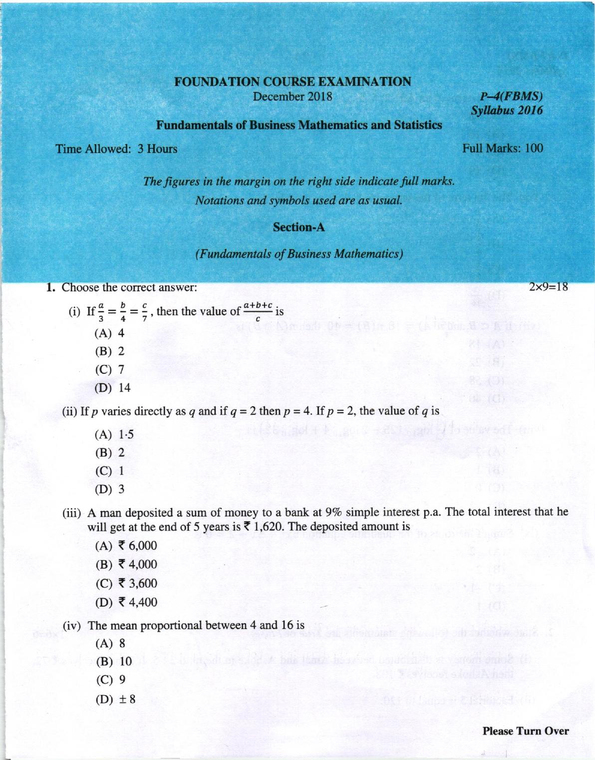 ICMAI Dec.2018 Fundamentals of Business Mathematics and Statistics Question Paper - Page 1