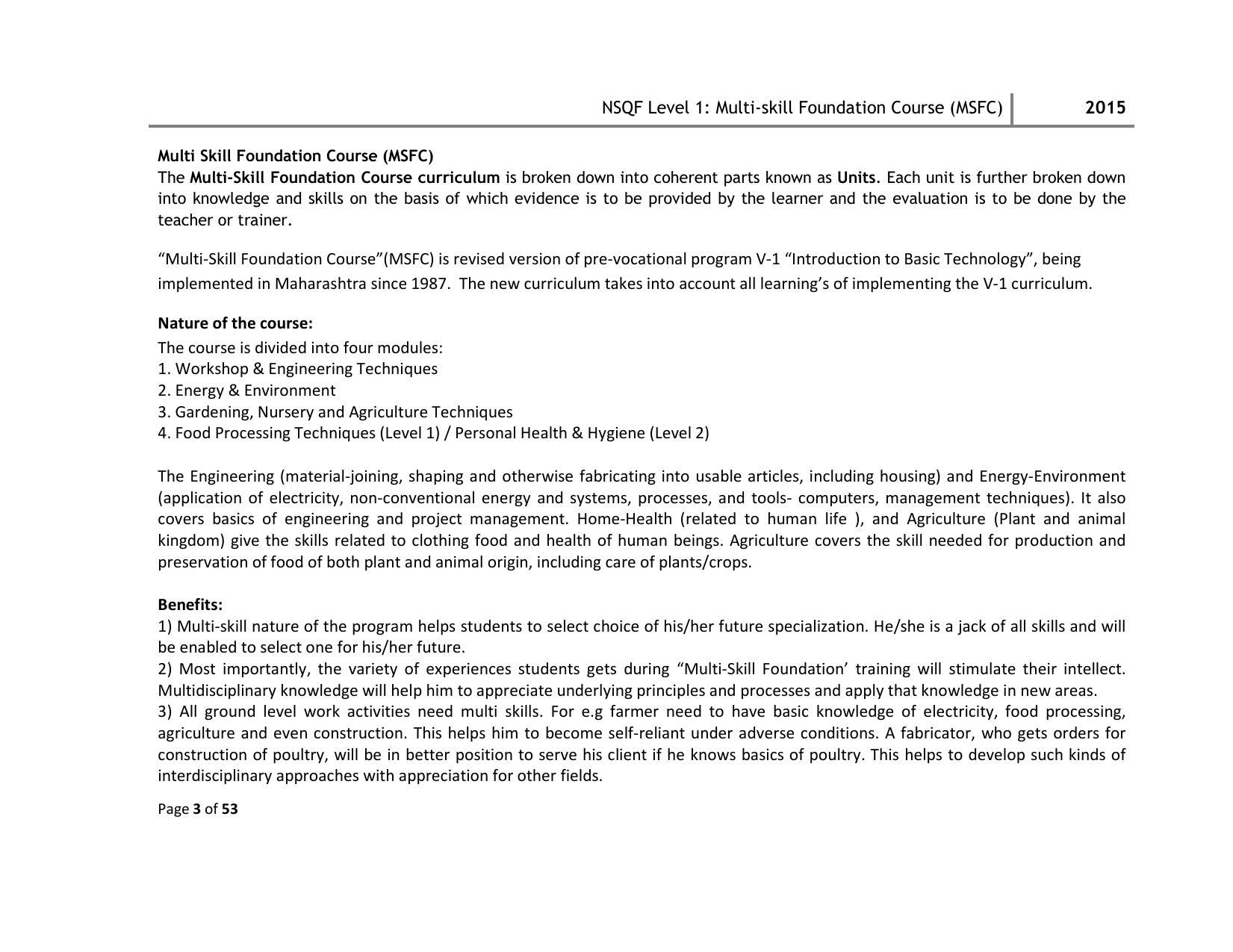 Maharashtra SSC Multi Skill Foundation Course (MSFC) Level I Syllabus - Page 3