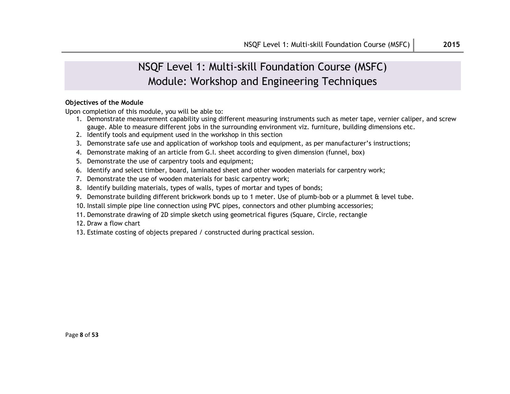 Maharashtra SSC Multi Skill Foundation Course (MSFC) Level I Syllabus - Page 8