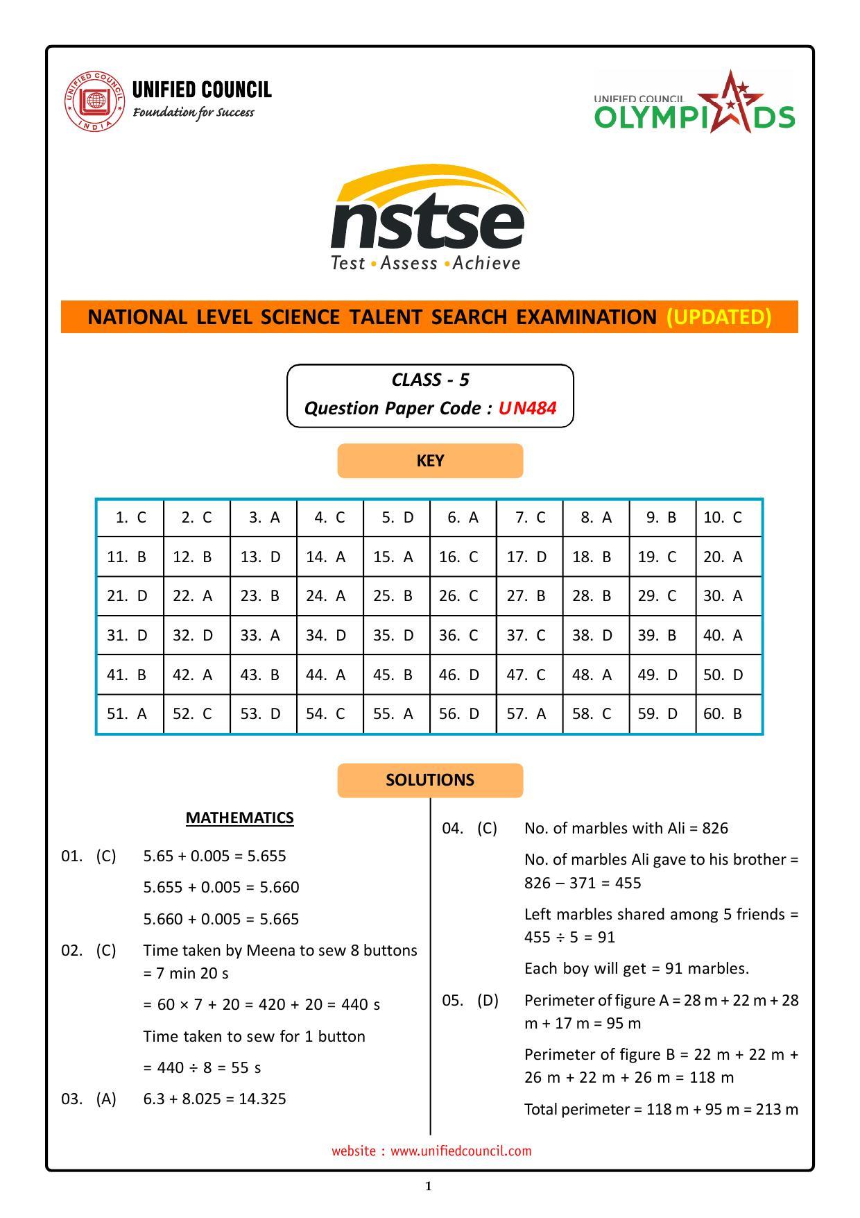 NSTSE 2023 Class 5 Answer Key (Paper Code 484) - Page 1