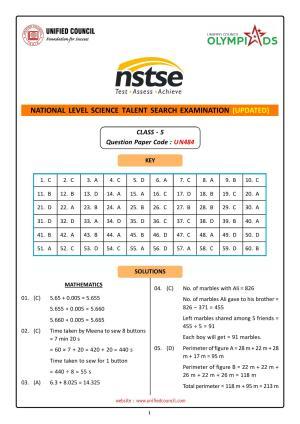 NSTSE 2023 Class 5 Answer Key (Paper Code 484)