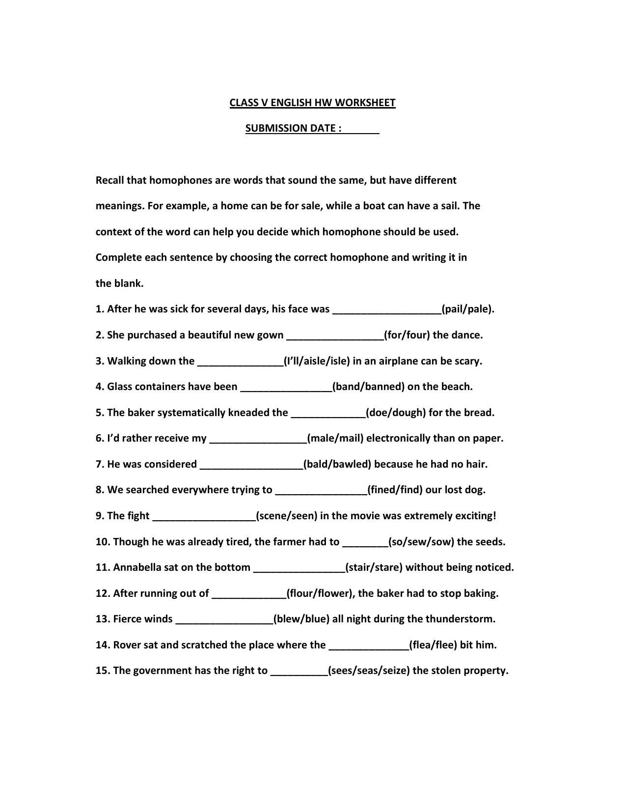 Worksheet for Class 5 English Homophones Assignment - Page 1