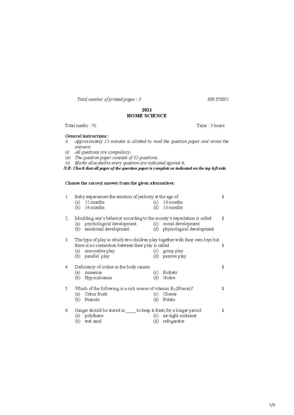 Nagaland Board Class 10 Home Science 2021 Question Paper - Page 1