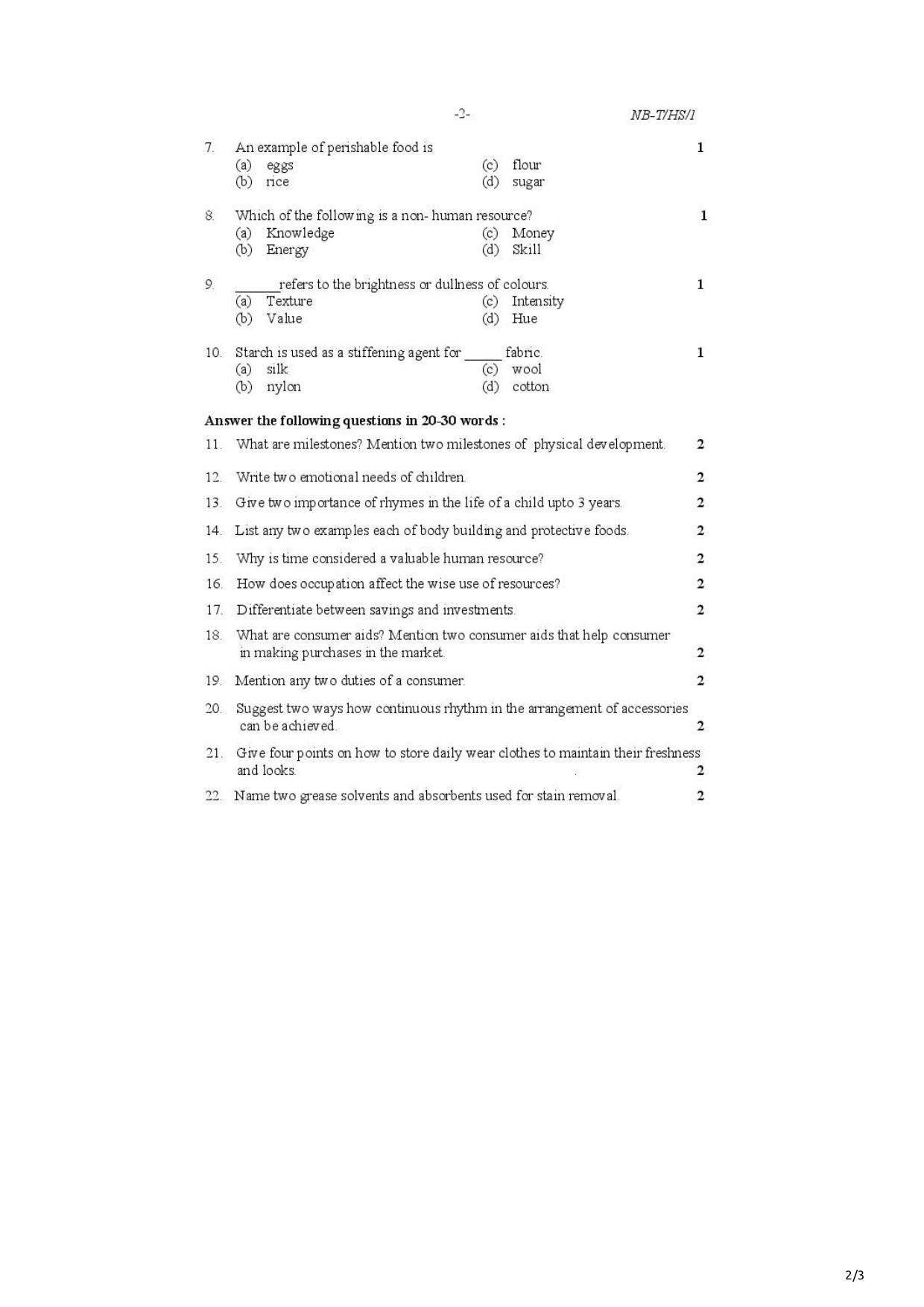 Nagaland Board Class 10 Home Science 2021 Question Paper - Page 2