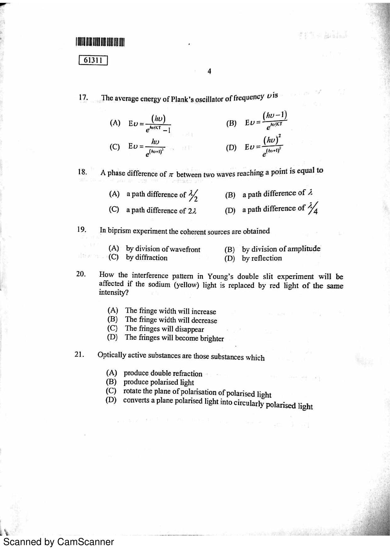 CUSAT CAT 2011 Physics Question Paper - Page 5