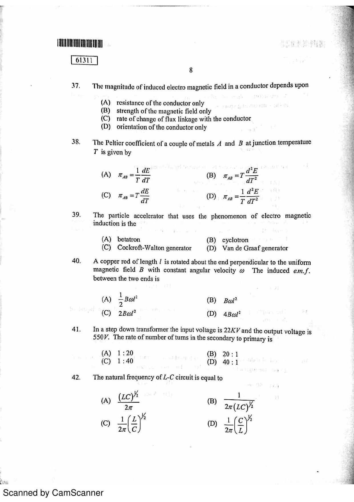 CUSAT CAT 2011 Physics Question Paper - Page 9