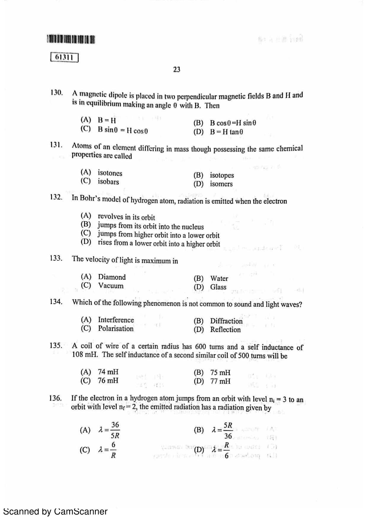 CUSAT CAT 2011 Physics Question Paper - Page 24