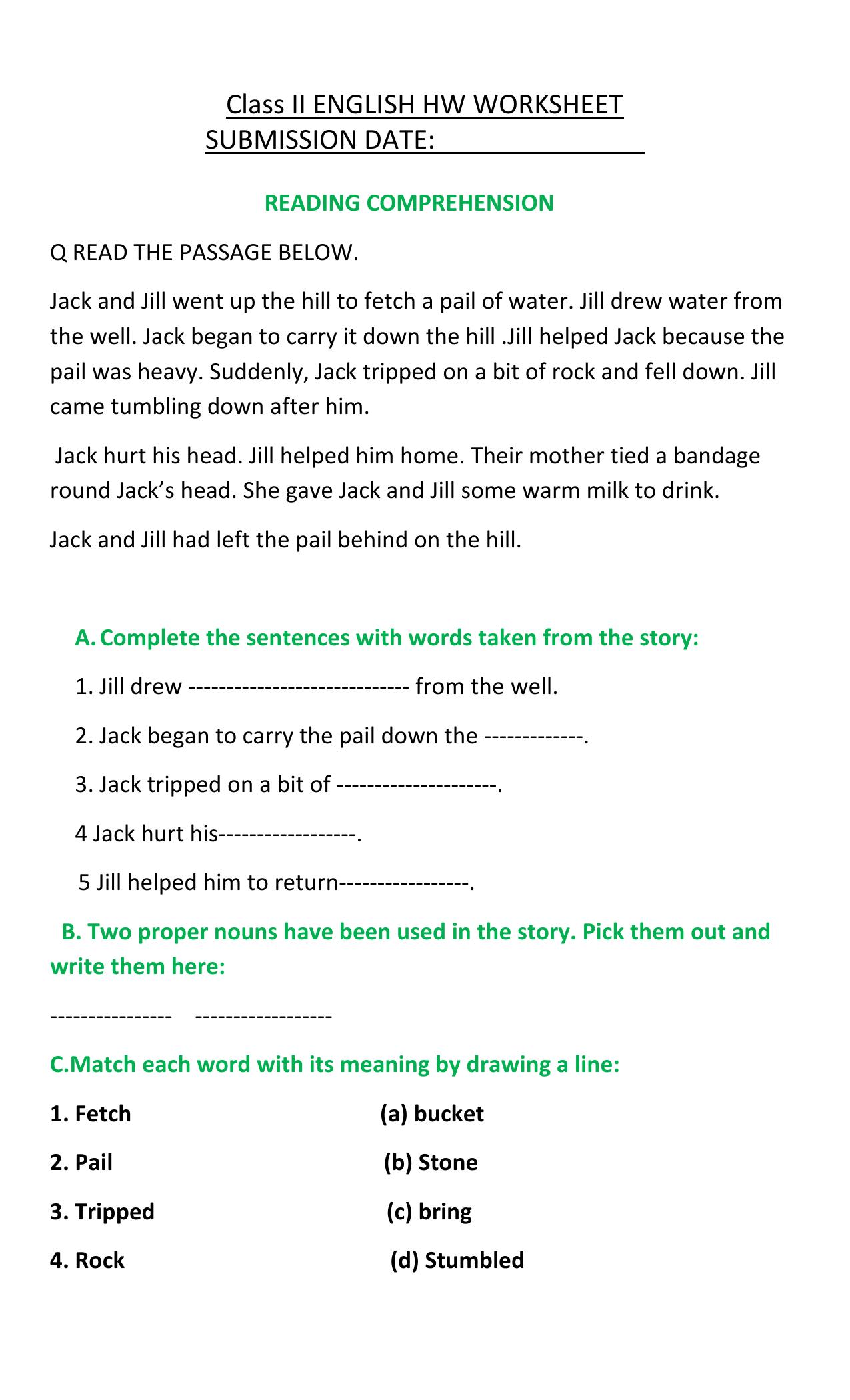 Worksheet for Class 2 English Assignment 51 Reading Comprehension - Page 1