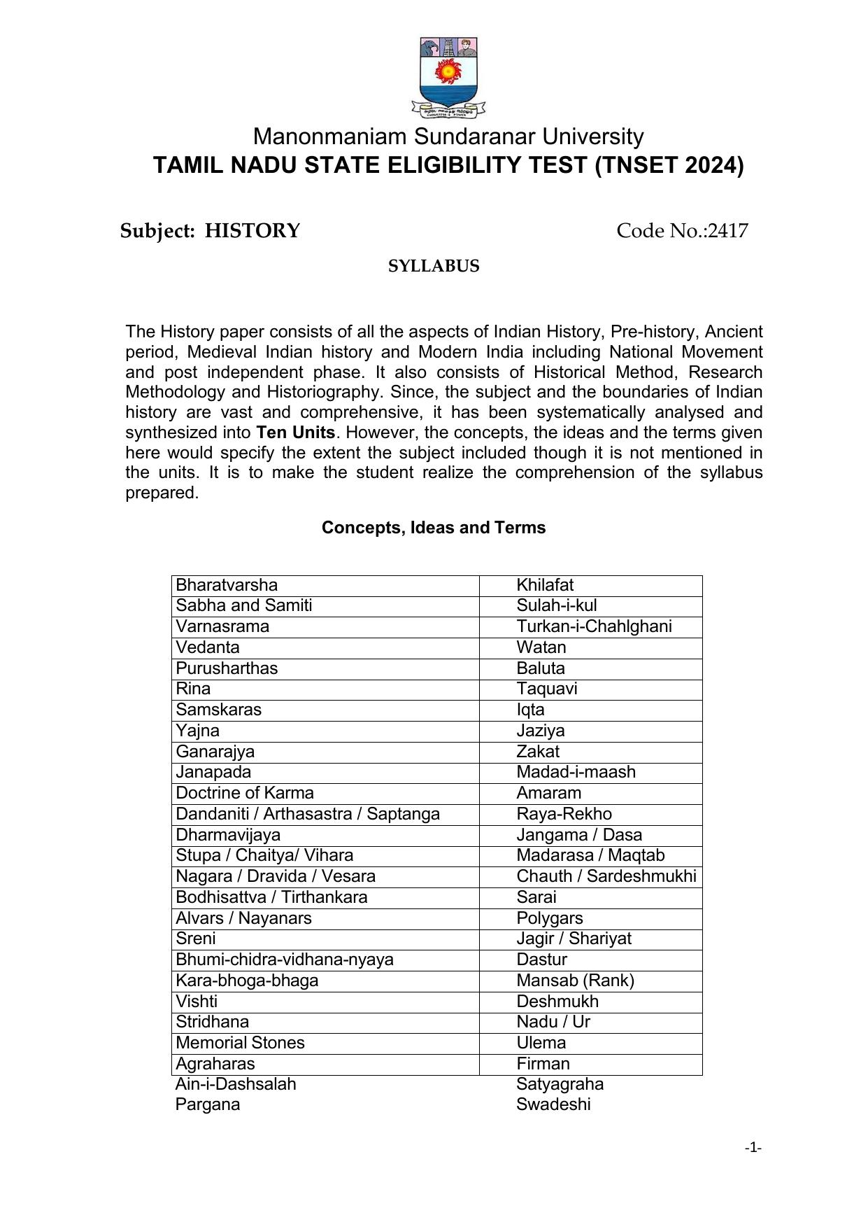 TNSET Syllabus - History - Page 1