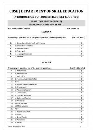 CBSE Class 10 Skill Education (Term I) - Introduction To Tourism Marking Scheme 2021-22