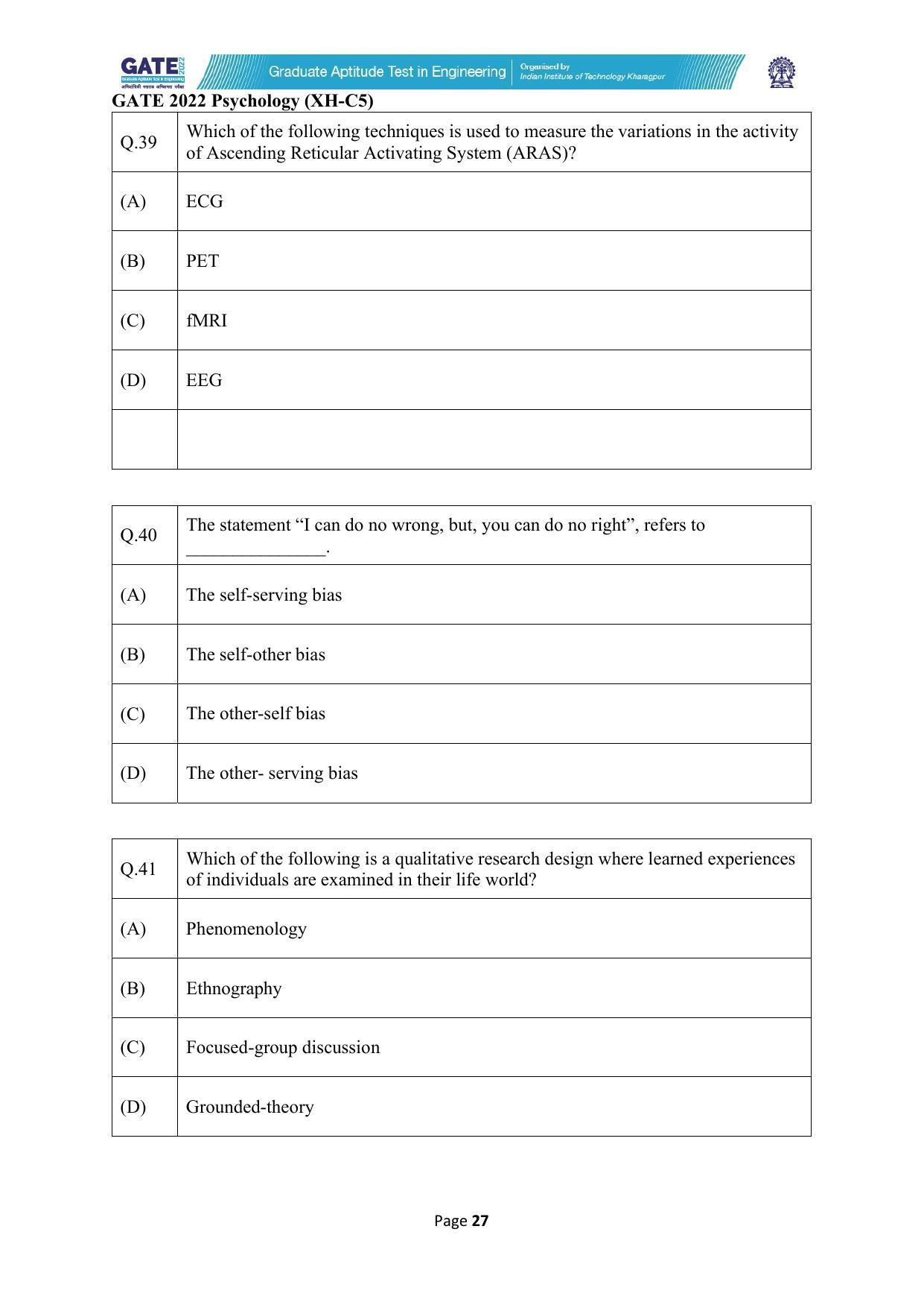 GATE 2022 Humanities & Social Sciences - Psychology (XH-C5) Question Paper - Page 27