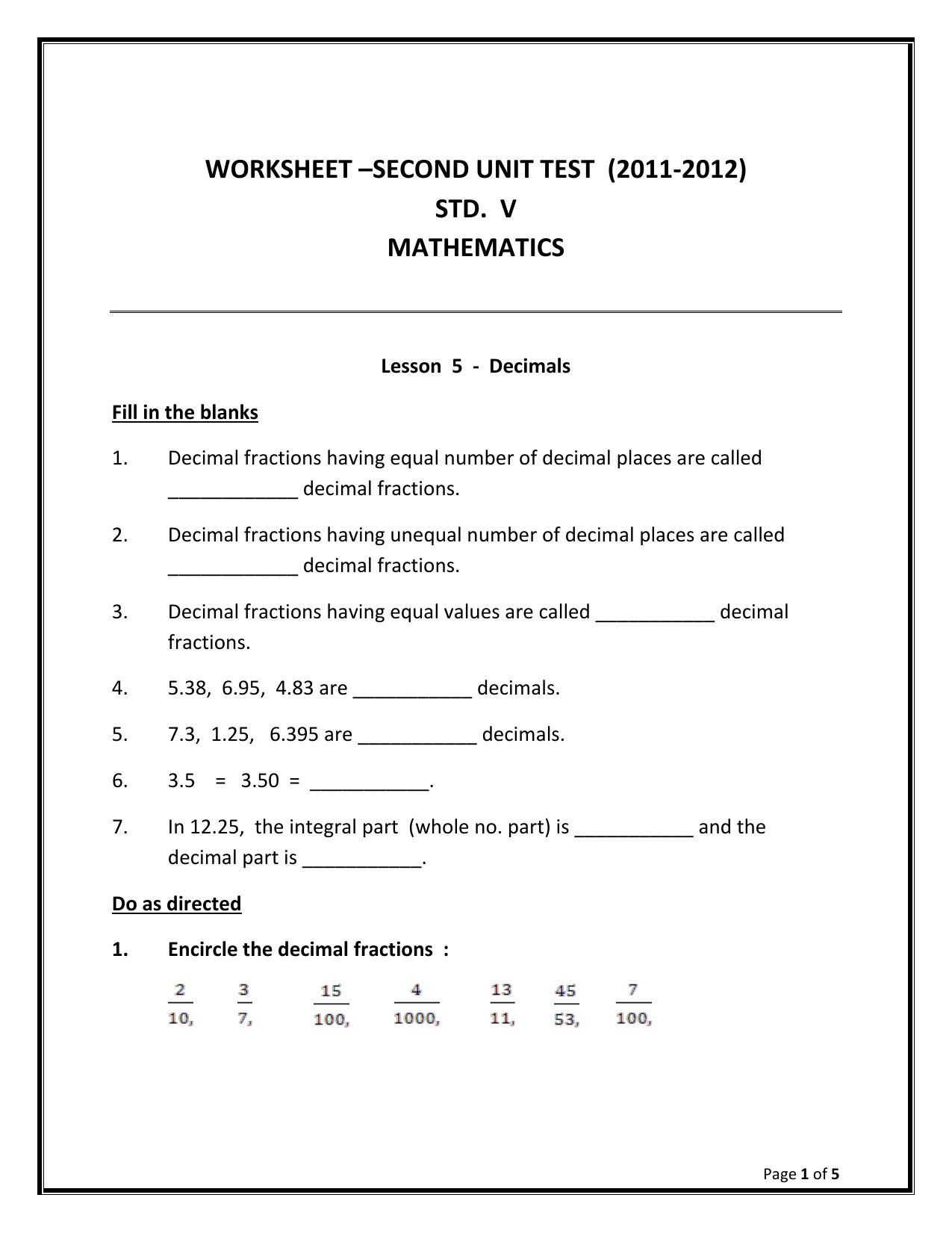 Worksheet for Class 5 Maths Decimals Fractions Assignment - Page 1