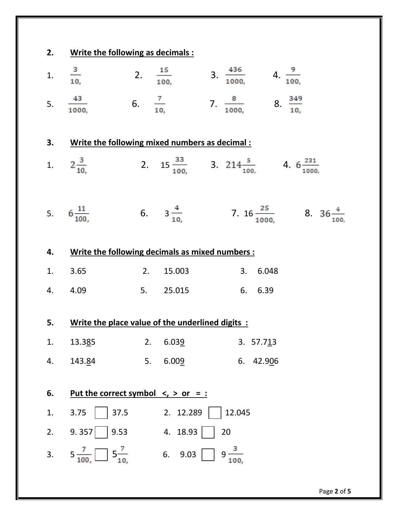 Worksheet for Class 5 Maths Decimals Fractions Assignment - Page 2